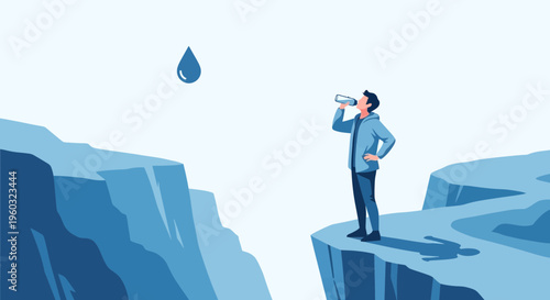 Man Drinks Water From Bottle On Cliff Edge Facing Drought Crisis