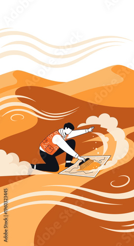 Man Discovering Ancient Map In Vast Desert Sands Amidst Windswept Dunes