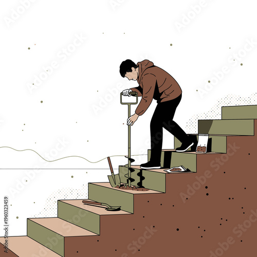 Man Digging Stairs With Auger Surreal Conceptual Art