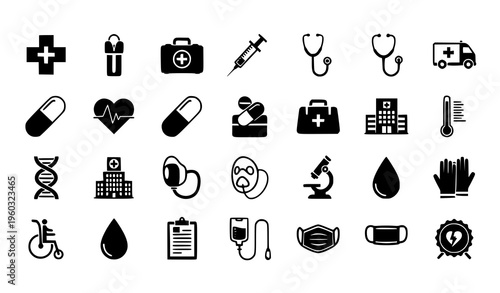 Medical Healthcare Icon Set Black Silhouette Vector with Pharmacy Emergency Clinic Symbols for Apps and Infographics