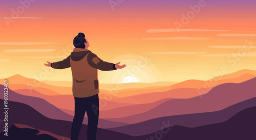 Man Embracing Dawn's Radiance Over Serene Mountain Peaks