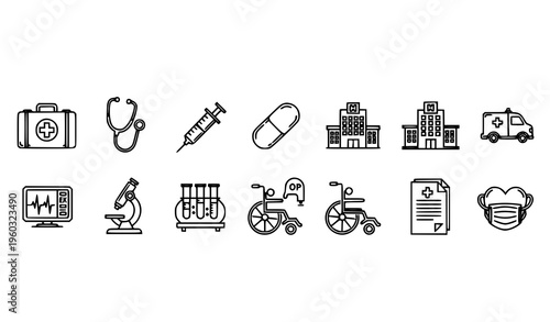 Medical Icon Row Vector Black Outline Healthcare Symbols with Pharmacy Emergency Elements for Banner and Web Design