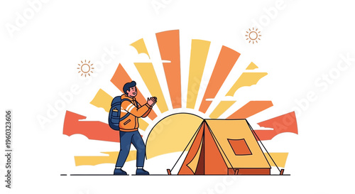 Man Enjoys Sunrise While Camping With Tent And Backpack Adventure