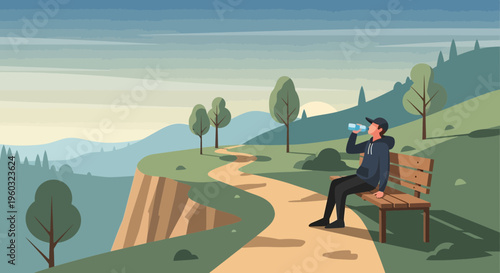 Man Enjoys Tranquil Scenic Vista While Rehydrating on Mountain Trail Bench