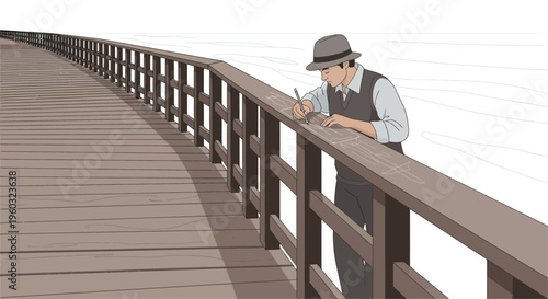 Man Etching Memories Onto A Boardwalk Railing