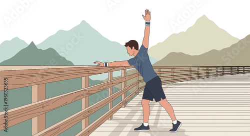 Man Exercising On Scenic Boardwalk With Mountain Background