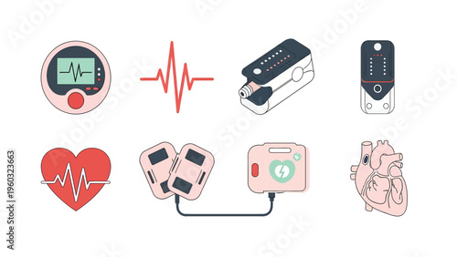 Heart Health & Cardiology Medical Devices Set: ECG, Pulse Oximeter, Defibrillator, Anatomical Heart Icons