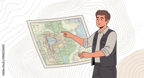 Man Explaining Topographic Map With Contour Lines In The Background