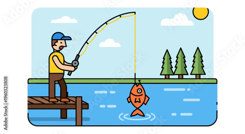 Man Fishing On A Dock With A Catch In A Vibrant Flat Illustration Style