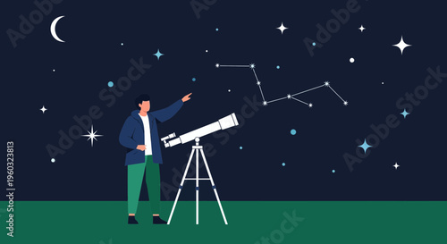 Man Gazing At Star Constellations Through Telescope