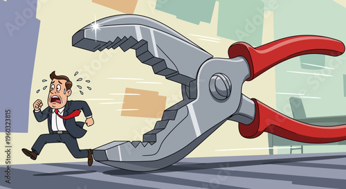 Man Fleeing Giant Pliers Symbolizing Business Challenges And Stress