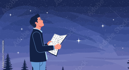 Man Gazing At Star Constellations Holding A Chart Under Night Sky
