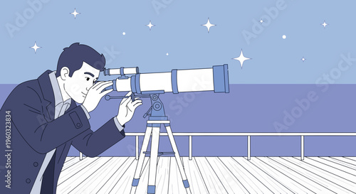 Man Gazing At Stars Through Telescope Outdoor Observation