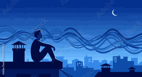 Man Gazing At Stylized Waves Under The Crescent Moon Over City Rooftops