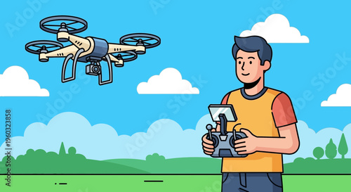 Man Flying Drone With Remote Control Outdoors