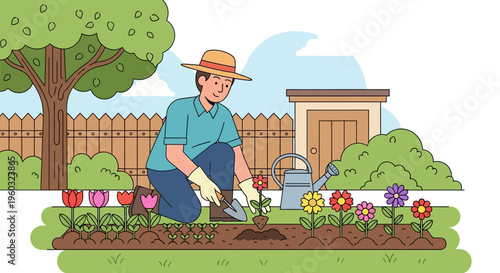 Man Gardening Planting Flowers Outdoors Peaceful Scene In Springtime Backyard