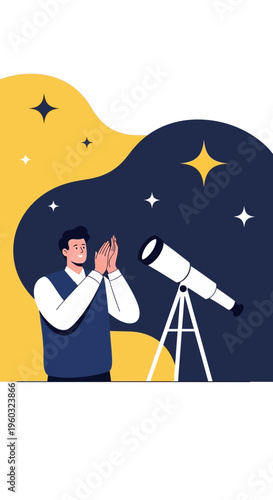 Man Gazing At Stars With Telescope Illustration Discovering The Cosmos