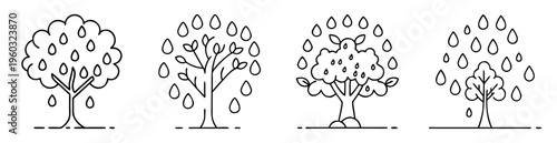Four stylized trees with varying leaf shapes and falling raindrops illustration
