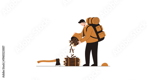 Man Gathers Firewood For Camping Adventure With Backpack And Axe