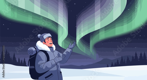 Man Gazing At The Majestic Aurora Borealis In A Winter Landscape