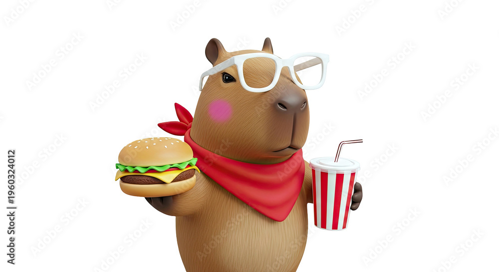 Naklejka premium Capybara with Glasses Holding Burger and Drink