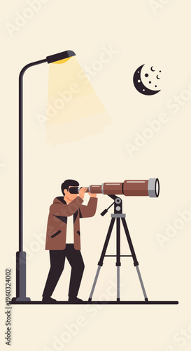 Man Gazing Through Telescope Under Streetlight Discovering Celestial Wonders