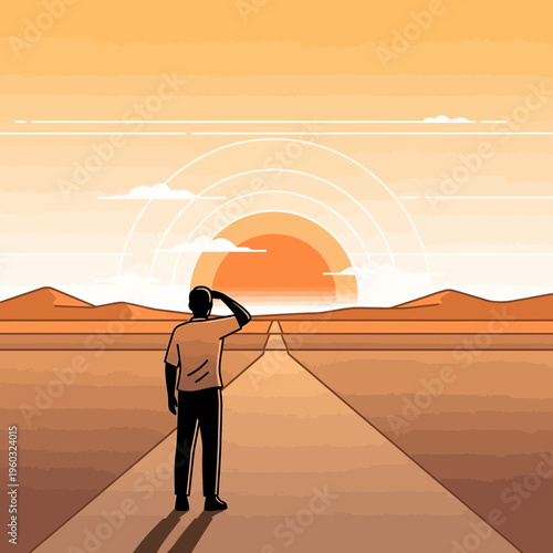 Man Gazing Towards the Horizon At Sunrise Symbolizing Future Hope And Opportunity