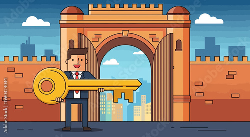 Man Holding Golden Key Before Ancient Gate Open To Cityscape