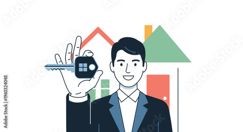 Man Holding House Key Against Abstract Architectural Backdrop