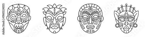 Set of four tribal masks with varying designs and patterns in black and white