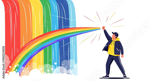 Man Grabbing Rainbow From Colorful Waterfall Generating Positive Energy