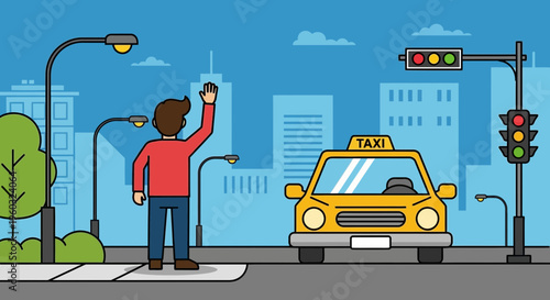 Man Hailing A Yellow Taxi Cab In A City Street With Traffic Lights