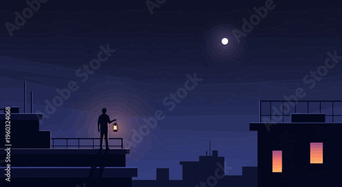 Man Holding Lantern On Rooftop Under Moonlight