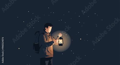 Man Holding Lantern Under Starry Night Sky