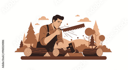 Man Harvesting Lumber In A Forest With Saw And Axe