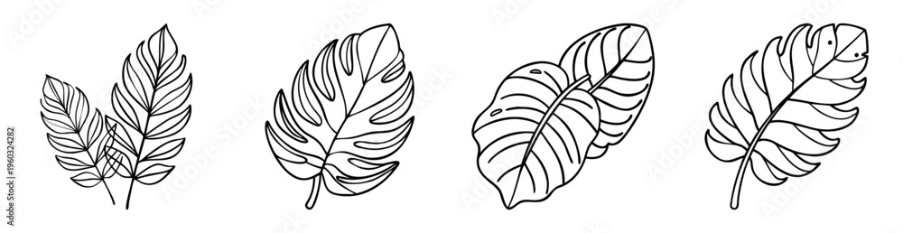 Obraz premium Assorted stylized botanical illustrations of leaves in black and white coloring page