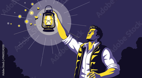 Man Holds Lantern Illuminating Night Sky With Fireflies