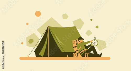 Man Holding Compass Sitting Beside Tent Enjoying Wilderness Adventure