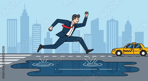 Man Hurrying Through Puddles In Cityscape On Way To Yellow Taxi