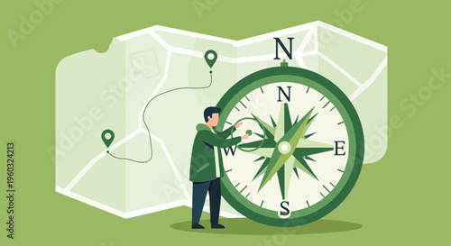 Man Holding Compass Next To Map Illustrating Direction And Journey