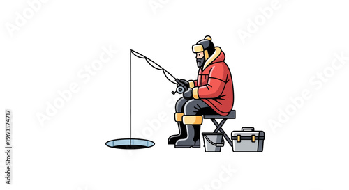 Man Ice Fishing With Rod and Tackle Box Isolated On White