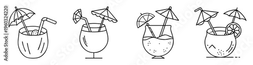 Monochrome line art showing a variety of delicious tropical drinks