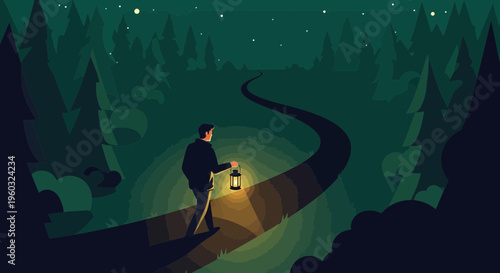 Man Illuminates Forest Path With Lantern Under Starry Night Sky