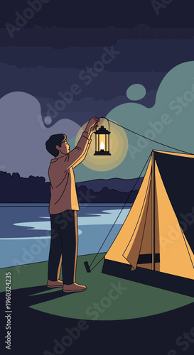Man Illuminating Campsite At Night Near Lake With Vintage Lantern
