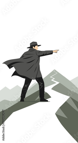 Man In A Hat On Mountain Peak Points The Way Forward