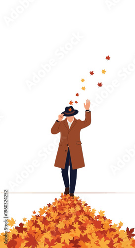 Man In Autumn Coat Waves To Falling Leaves In A Stylish Minimalist Design