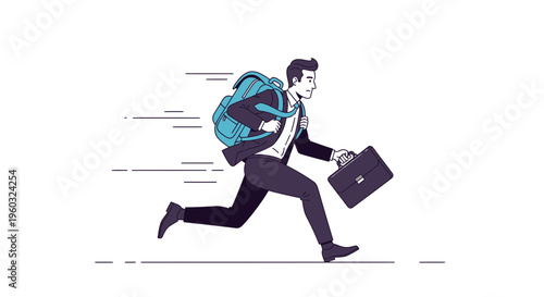 Man In Business Suit Running With Backpack And Briefcase