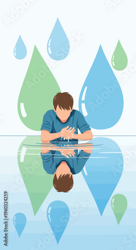 Man Immersed In Water With Reflecting Droplets And Calm Expression
