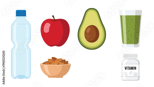 Healthy Food and Drink Essentials with Vitamins for Wellness and Balanced Nutrition