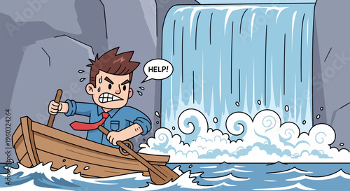 Man In Boat Facing Waterfall Crisis Danger